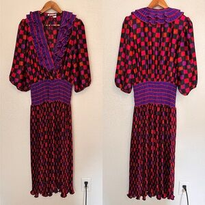Vintage Diane Freis Assorti ‘80s smocked ruffle checkered maxi dress maximalist